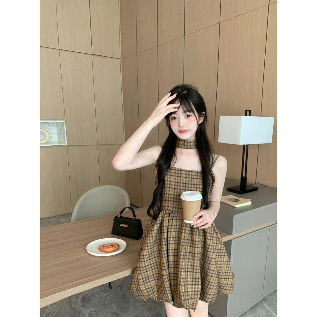 Đầm Hai Dây Ngắn Họa Tiết Sọc Caro Phong Cách vintage Gợi Cảm Cho Nữ