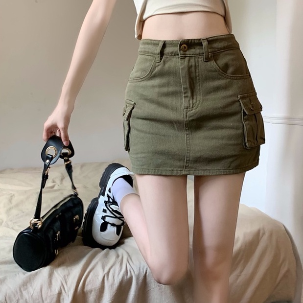 QKOOLE Chân váy jean  lưng cao đơn giản phong cách Hàn Quốc