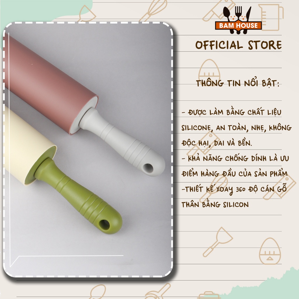 Cây lăn bột Bam House cán nhựa bề mặt silicon cao cấp CLB01
