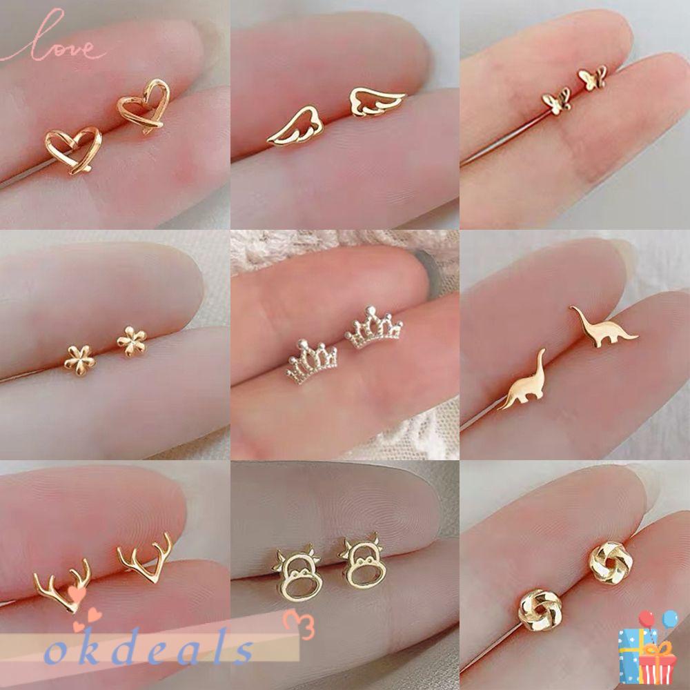 ღOKDEALSღ Tiny Heart Star Circle Gifts Ear Piercing Jewelry Mini Stud Earrings Helix Cartilage Tragus New Fashion Hypoallergenic 925|for Women Girls Dinosaur Butterfly/Multicolor