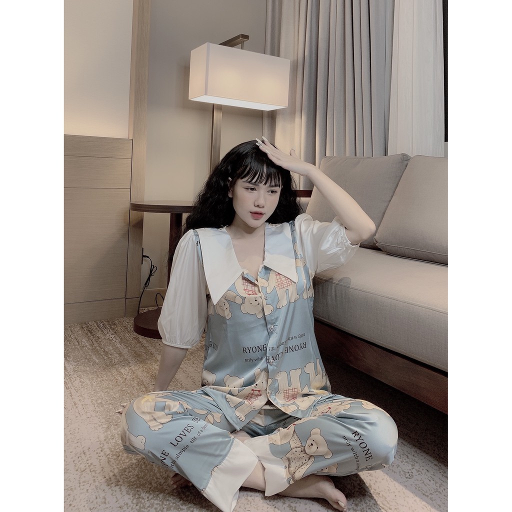 Bộ Pijama Nữ 🔥FREESHIP🔥  Bộ Mặc Nhà Cổ Vạt Thời Trang - Bộ Ngủ Lụa Satin Tay Lỡ Phối Ren SP27