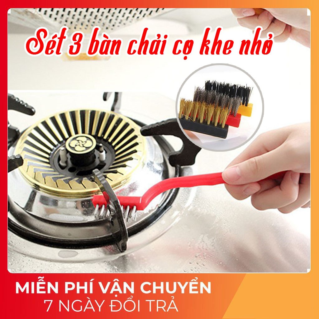 Bộ 3 bàn chải cọ khe nhỏ bếp gas, nhà bếp, đánh rỉ (3 chất liệu: đồng, sắt, nhựa cứng)- Dụng cụ vệ sinh nhà cửa tiện ích