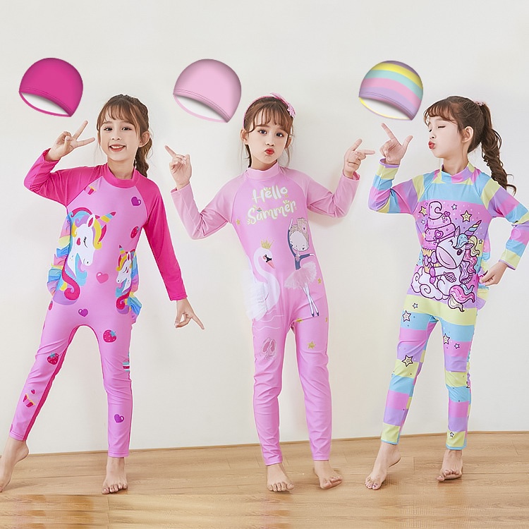 Đồ bơi trẻ em , đồ bơi bé gái | liền thân dài full body chống nắng bao gồm nón bơi họa tiết kỳ lân size cho bé đến 30kg