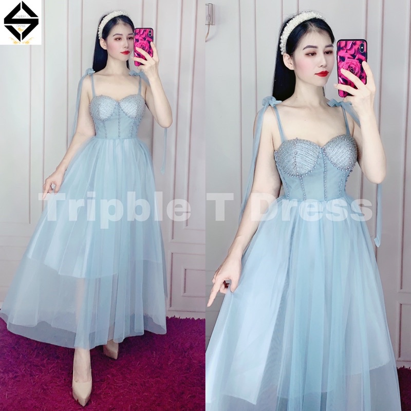 Đầm dự tiệc công chúa 2 dây thắt nơ vai kết cườm ngực TRIPBLE T DRESS -size M/L - MS278V