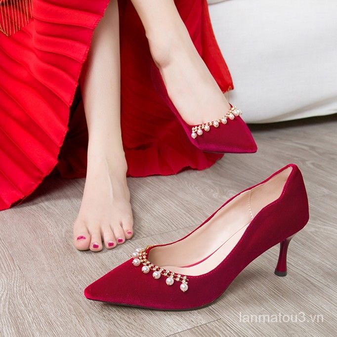 Bridal Wedding Shoes Wine Red Color Suede High Heels Women's Wedding Shoes2021New Chinese-Style Xiuhe Toast Dress Shoes