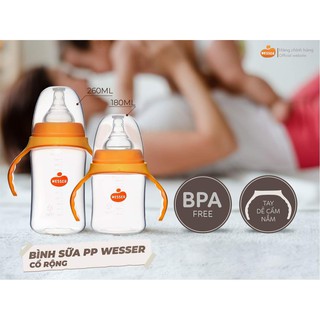 Bình sữa Wesser cổ rộng PP Bottle kháng khuẩn 180ml/ 260ml cho bé