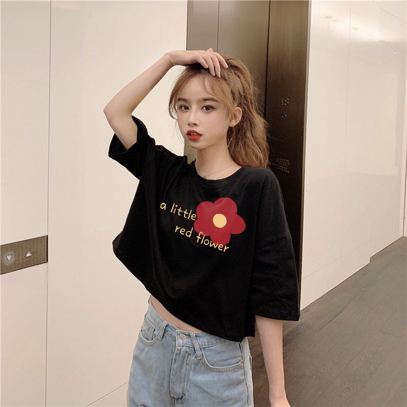 Áo Thun Crotop Form Rộng Unisex Tay Ngắn In Hình A LITTLE RED FLOWER Ulzzang Style Hàn Quốc TTT0162