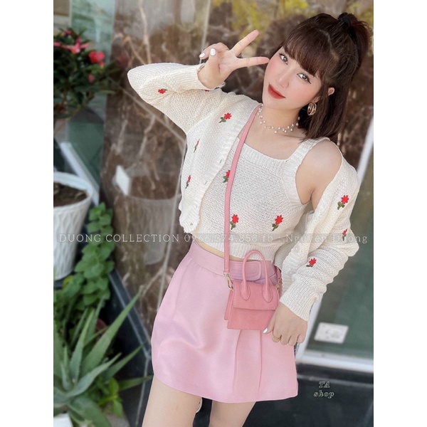 Set áo len cặp hai chi tiết ( áo len cadigan mix áo hai dây ) len đan sợi dày dặn