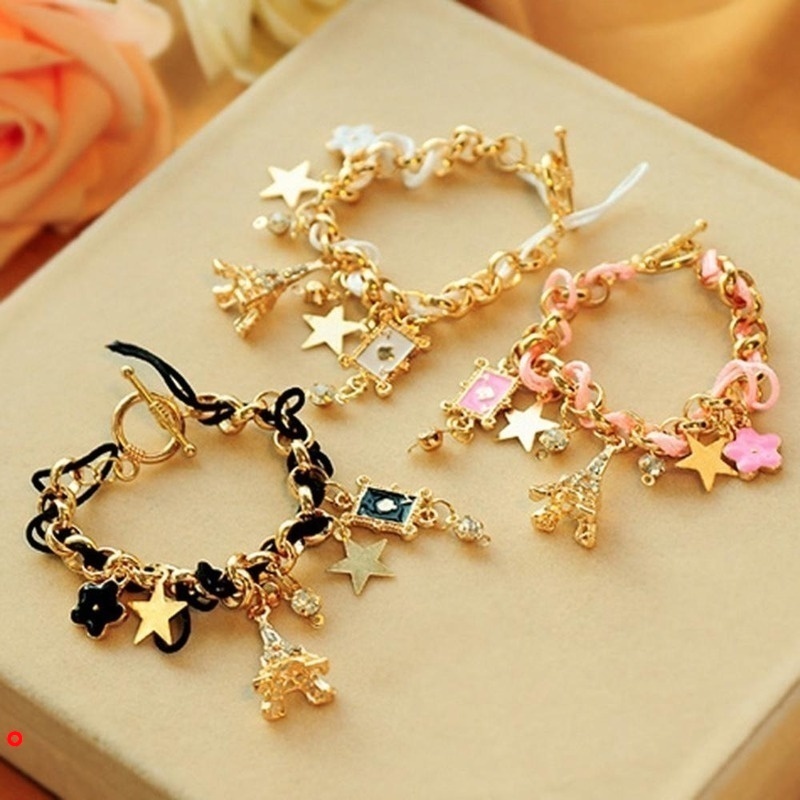 Vòng tay dây da nhiều lớp mặt hình ngôi sao/ trái tim/ vương miện/ tháp Eiffel thời trang cho nữ
