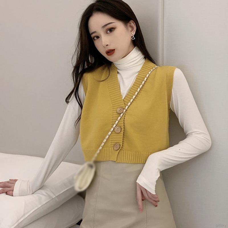 Áo cardigan dệt kim không tay cổ chữ v màu trơn phong cách Hàn Quốc