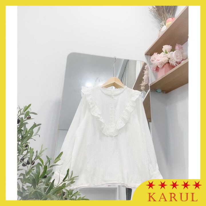 Áo sơ mi trắng cổ bèo , áo sơ mi trắng cổ bèo chéo cổ tay áo phối ren