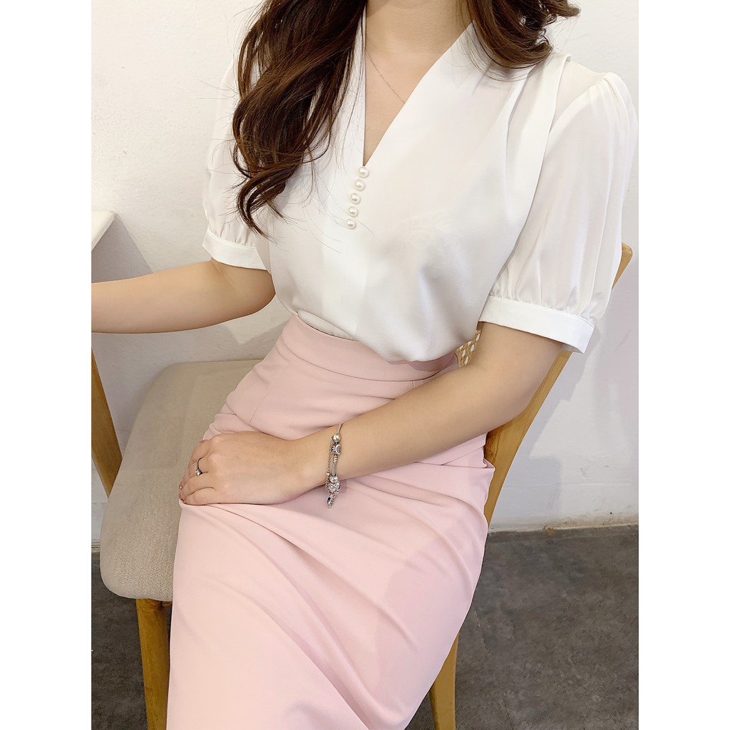 Áo sơ mi nữ cổ đính ngọc ngắn tay, áo cộc tay cổ V công sở A890 KYMIE