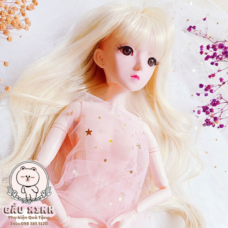 Búp bê barbie bjd khớp 60cm công chúa tóc mây dài, có mi giả