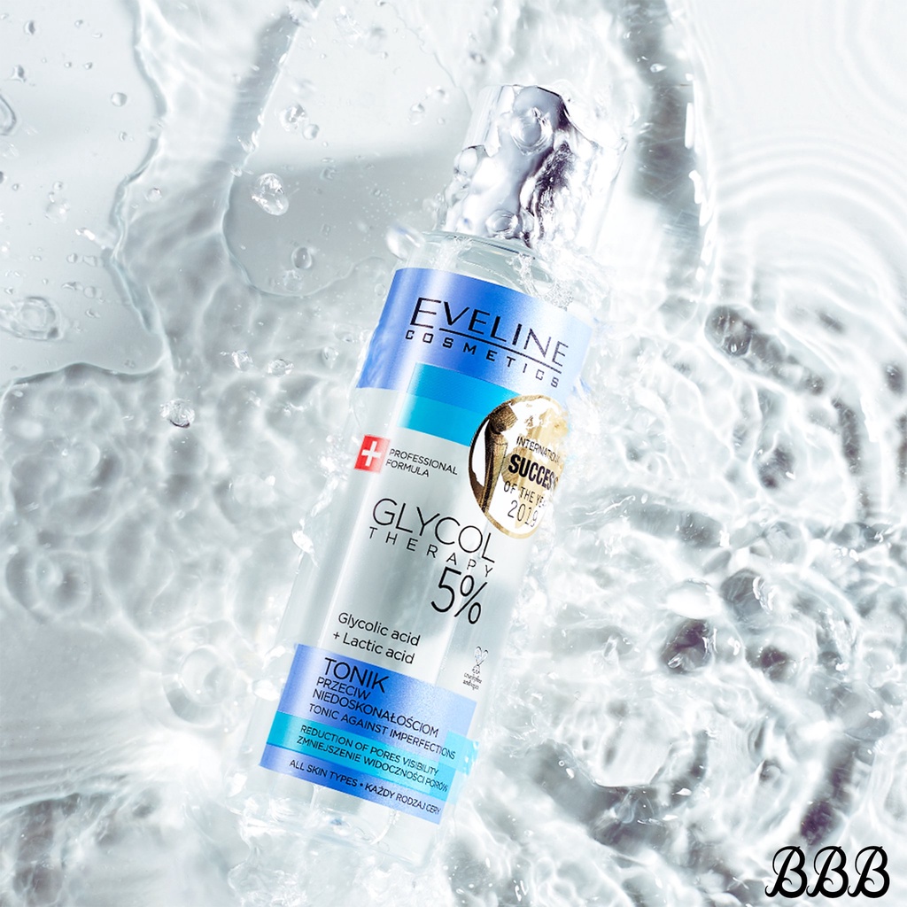 Toner Eveline 5% Glycolic Acid - Glycol Therapy cho da căng bóng, láng mướt, mờ thâm mụn