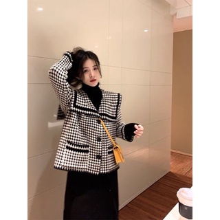 Áo khoác dạ tweed kẻ caro cho nữ mùa đông phong cách thời trang hàn quốc chalivn ad013