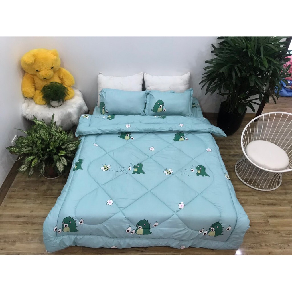 Bộ chăn phao ga gối poly cotton MẪU - khủng long bơ