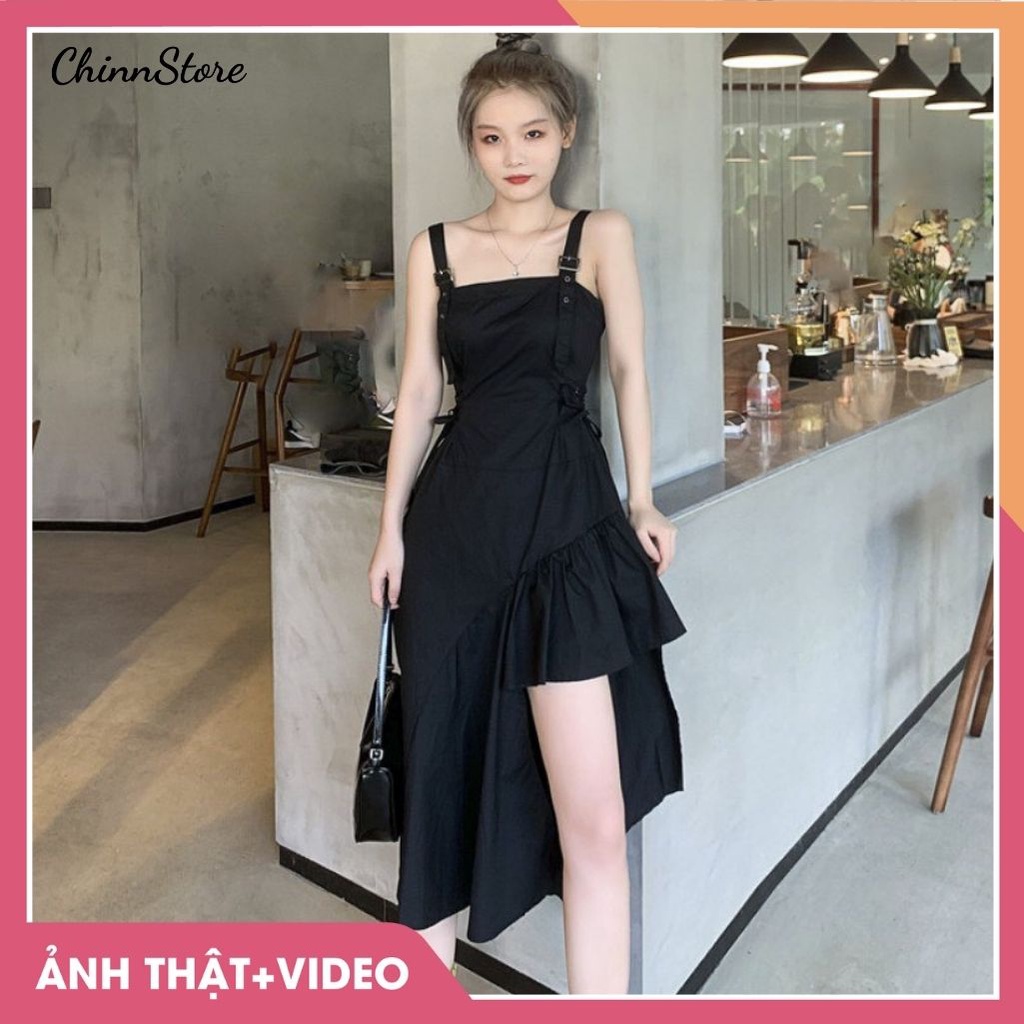 Đầm 2 dây đen bược eo lệch tà ulzzang
