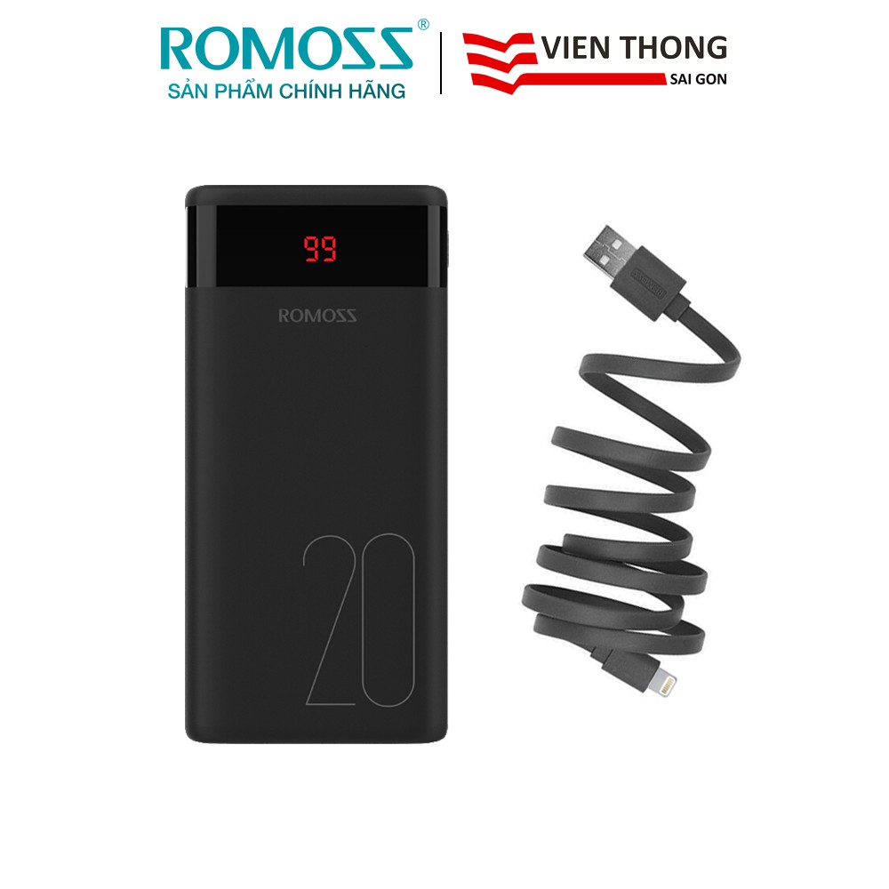 Pin sạc dự phòng Romoss Ares 20 20.000mAh màn hình LED + Cáp lightning iPhone CB12f Romoss