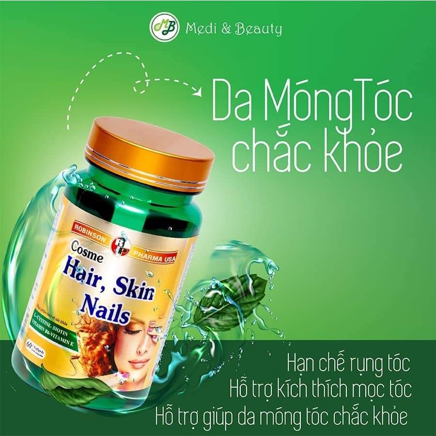 Viên uống ngăn rụng tóc, sáng da, chắc móng Cosme HAIR, SKIN, NAILS Chai 60 viên Medibeauty