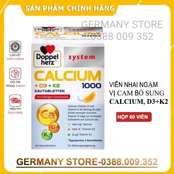Calcium 1000 + D3 + K2 DoppelHerz - dạng viên ngậm vị cam, 60 viên