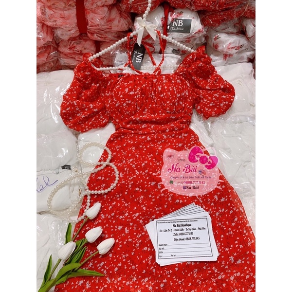 (Mẫu mới) đầm voan hoa đỏ xẻ tà 2 lớp, có mút ngực, free size eo dưới 75cm | BigBuy360 - bigbuy360.vn