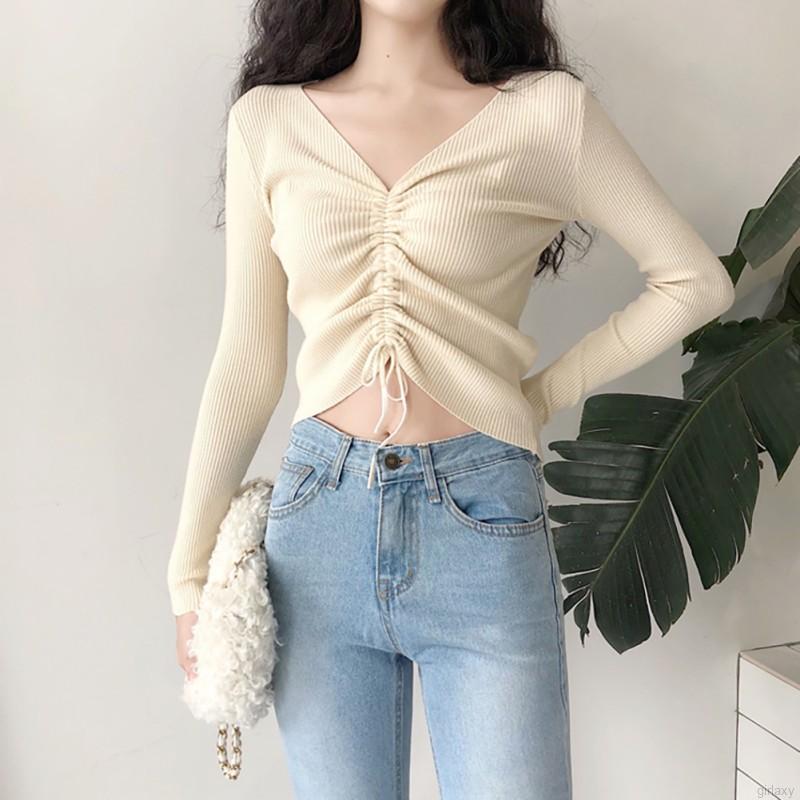 Áo Sweater Nữ Tay Dài Cổ Chữ V Màu Trơn Phong Cách Hàn Quốc | BigBuy360 - bigbuy360.vn