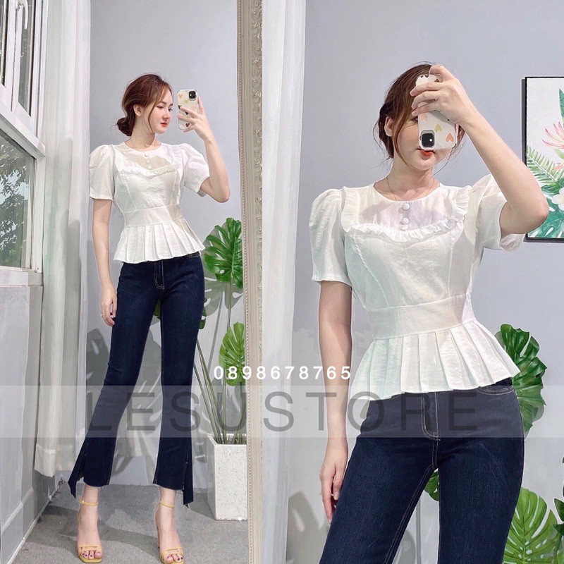 ẢNH TỰ CHỤP Quần Jeans loe trơn lai xéo cắt