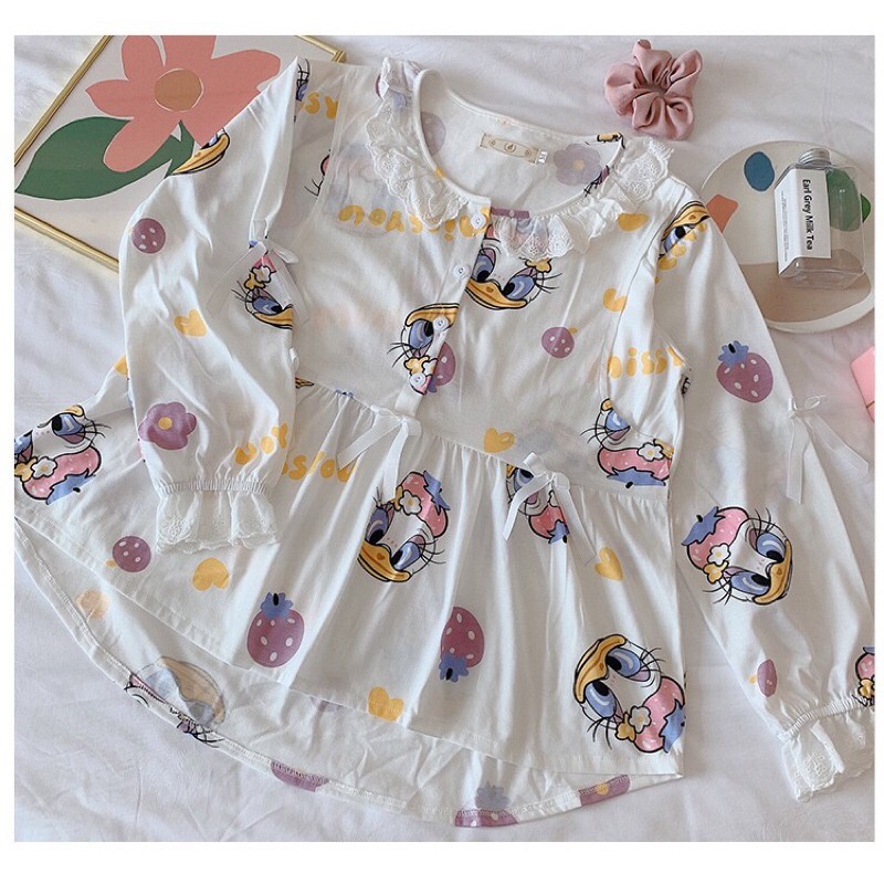 Đồ Bộ Bầu và Sau Sinh Cho Con Bú Dài Tay Chất Cotton Dáng Tiểu Thư Hàng Quảng Châu