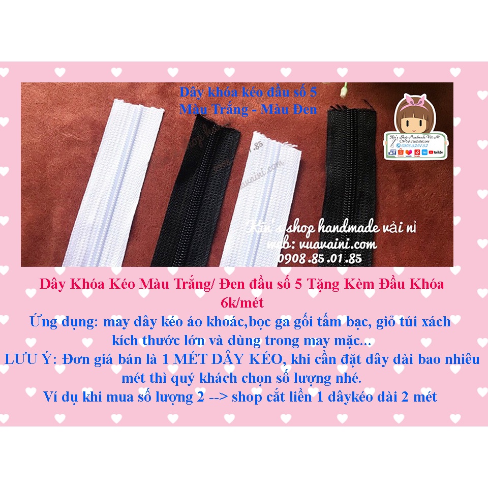Dây Kéo Màu Trắng Đen răng số 5 Tặng Kèm Đầu Khóa may tấm bạc giỏ túi xách ga gối kích thước lớn và dùng trong may mặc