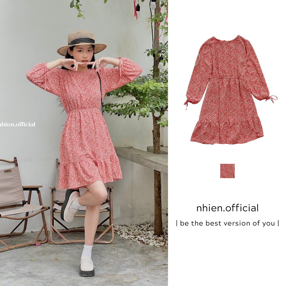Đầm hoa nhí nữ nơ tay chun eo Nhienvintage BD10