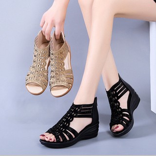 Giày sandal hở mũi đính đá thiết kế khóa kéo sau lưng thời trang cho nữ
