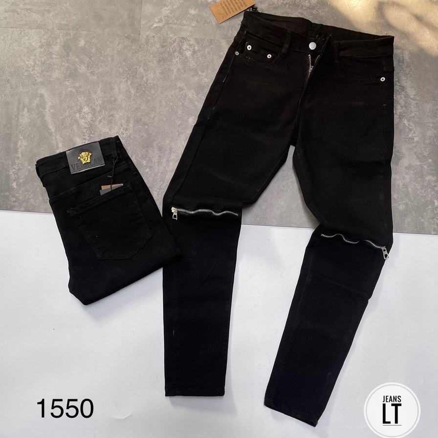 Quần Jeans Khóa Gối, Quần Zip Gối Nam Màu Đen  Rách Ống Côn Kiểu Dáng Slim Fit Cao Cấp Co Dãn 4 Chiều