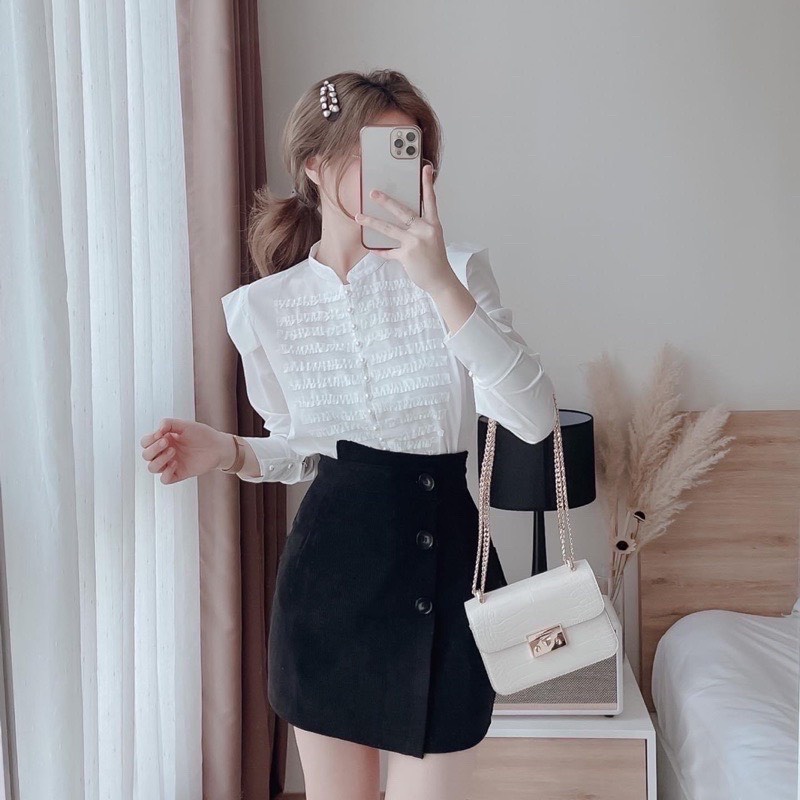 Quần váy A Chất Nhung Tăm cạp cao phối 3 cúc-mã 162
