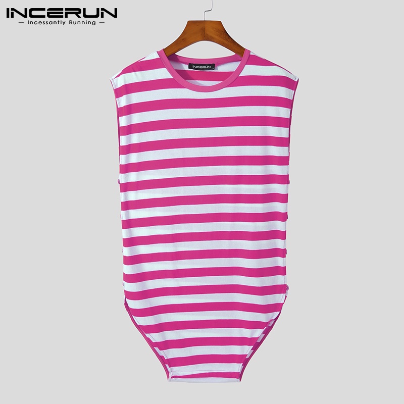 Áo liền quần INCERUN sát nách cổ tròn kẻ sọc xẻ tà bên hông gợi cảm cho nam