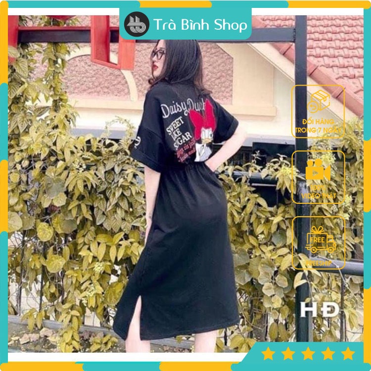 Váy Dáng Dài Rút Dây Eo Che Bụng Form Rộng Chất Vải Thun Cotton
