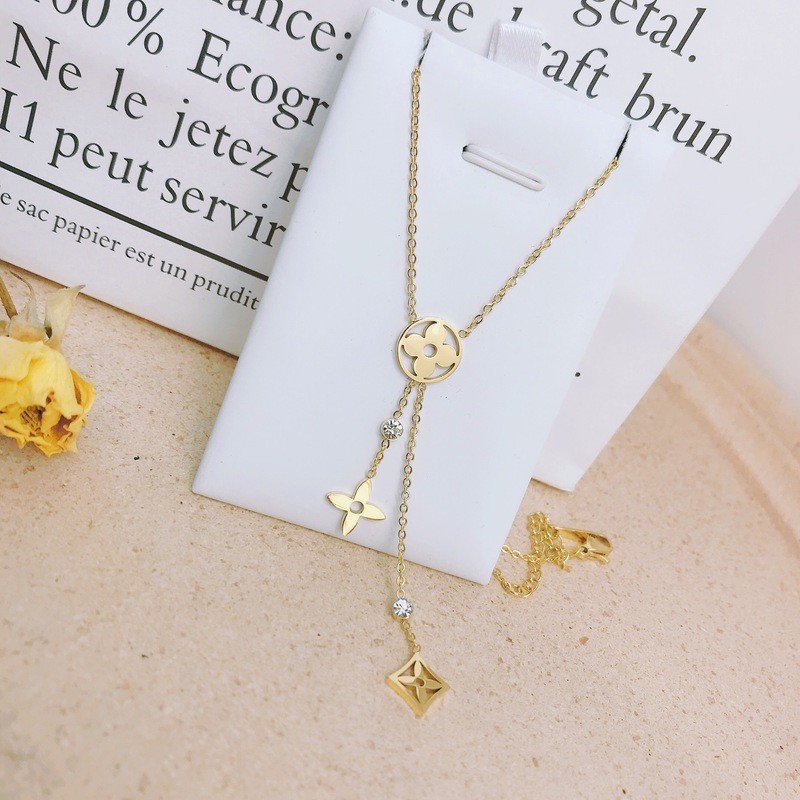 Vòng cổ bằng thép không gỉ mặt dây hình hoa đính đá giả thời trang sang trọng