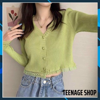 Áo cardigan len croptop cổ tim phối viền ren freesize