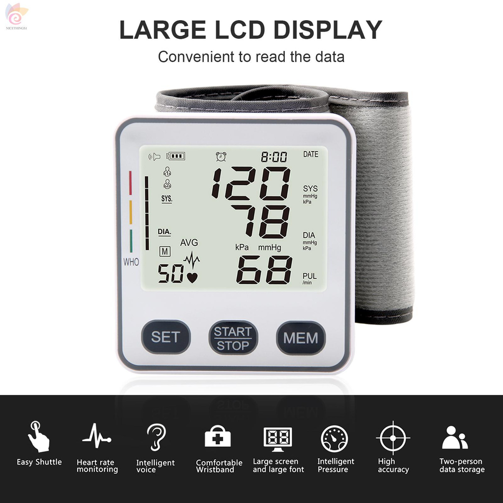 ET Wrist Type Electronic Blood-Pressure Monitor Digital LCD Blood-Pressure Measurement Meter Fully Automatic Sphygmomanometer with Heart Rate Detection