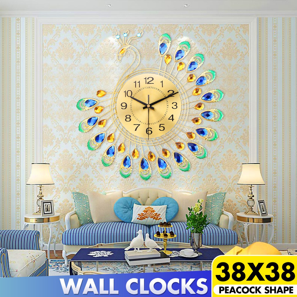 Đồng hồ treo tường bằng kim loại hình chim công phong cách Châu Âu trang trí cho nhà 38x38cm