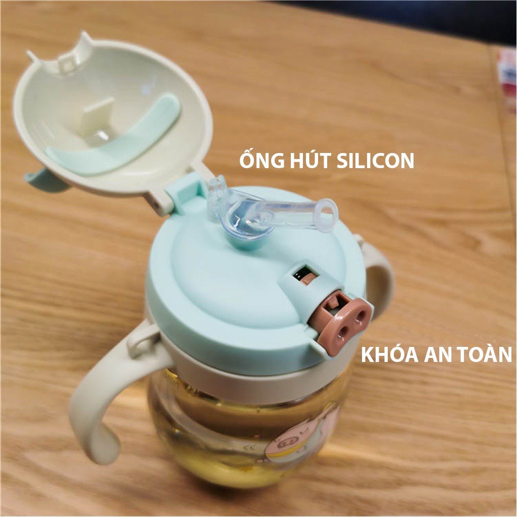 Bình uống nước chống sặc cho bé con heo bình tập uống nước cho bé 350ml có ống hút và dây đeo cute B6