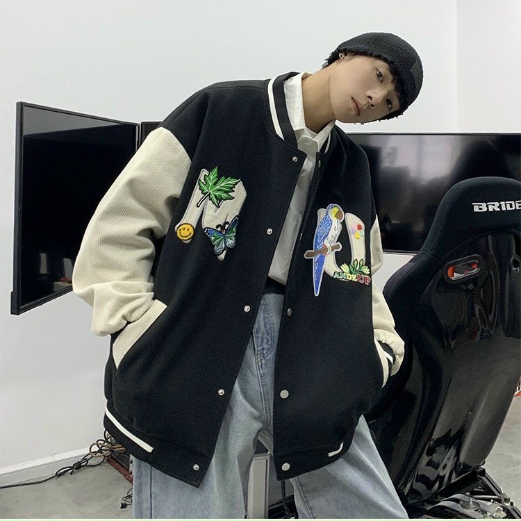 Áo Khoác Bomber Kaki Hình Thêu Unisex Nam Nữ Form Rộng Chất Dày Dặn