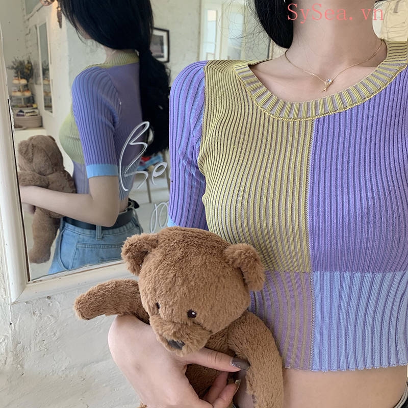 Áo Croptop Ngắn Tay Ôm Dáng Phối Màu Cầu Vồng Xinh Xắn Dành Cho Nữ