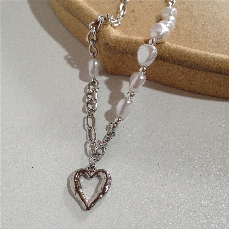 Vòng cổ AY màu bạc mặt trái tim đính ngọc trai nhân tạo thời trang xinh xắn