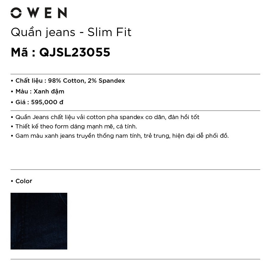 Quần Jean Nam Quần Bò Nam Hàng Hiệu Cao Cấp Owen QJSL23055 Ống Côn Slim Fit Màu Xanh Đậm Trơn Chất Liệu Cotton