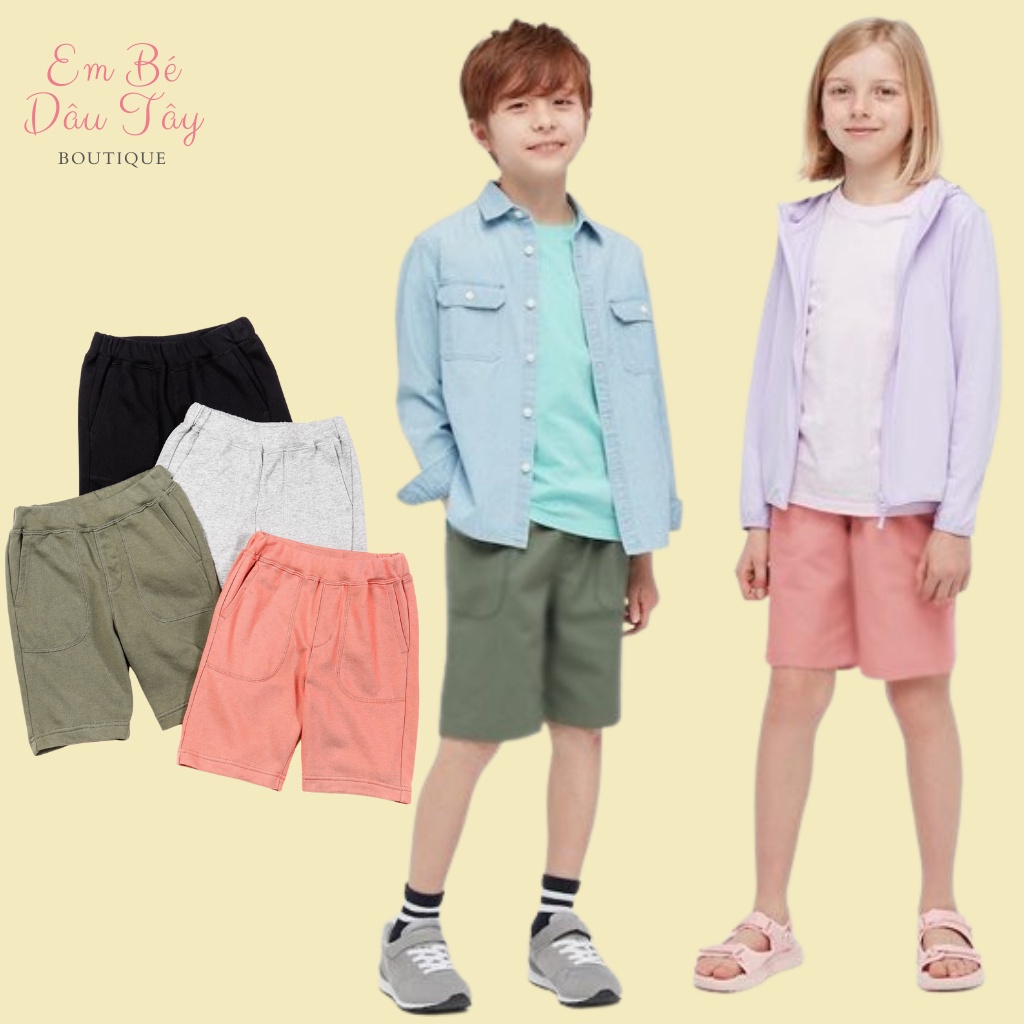 Quần short bé trai, bé gái, unisex, chất thun cotton da cá xuất dư, màu trơn, size đại 18-53kgs