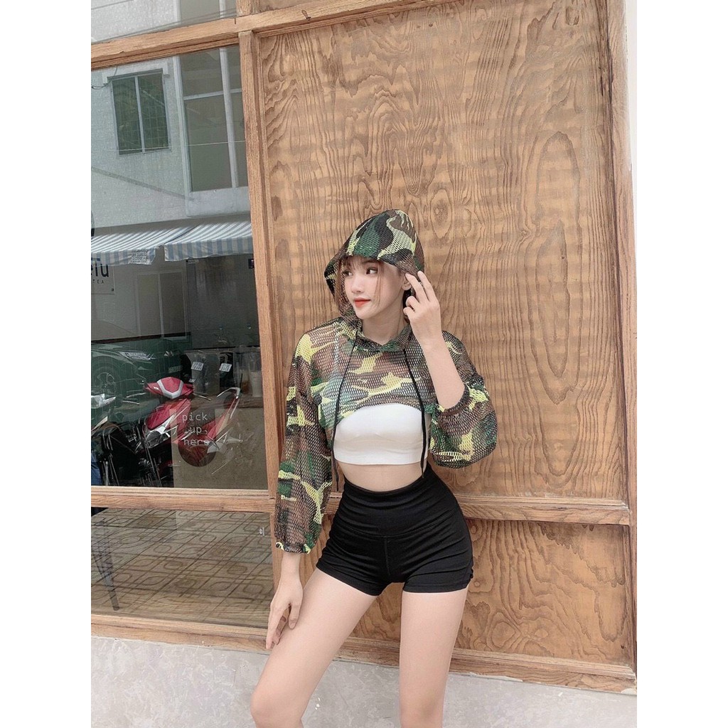 Áo Tập Gym Nữ [CROPTOP] Thể Thao Camo Lưới Có Mũ Độc Đáo [ĐỒ TẬP GYM NỮ]