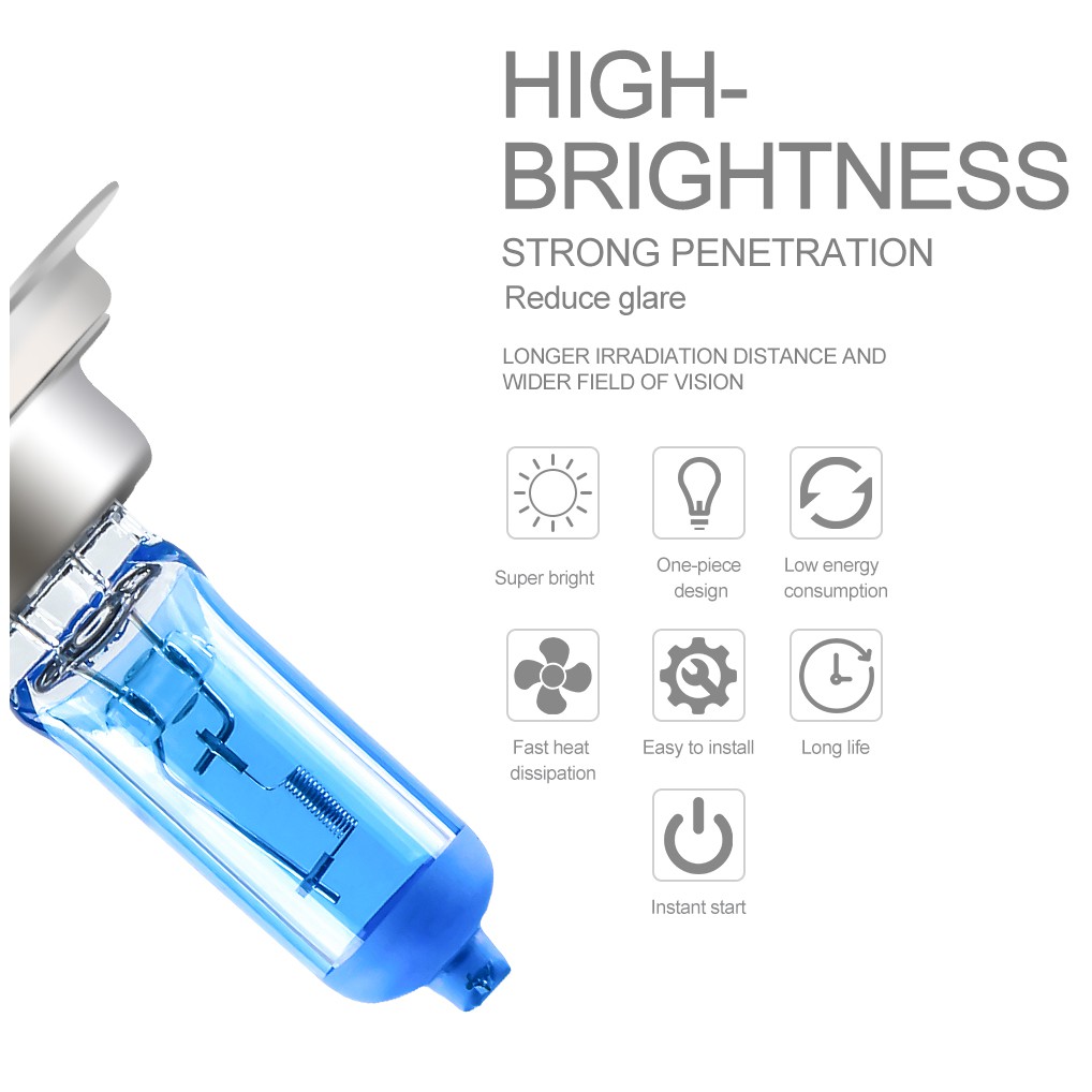 2 bóng đèn Halogen siêu sáng H1 H3 H4 H7 H8 H11 9006 Đèn Halogen tự động Đèn sương mù 55W 12V 5000K Đèn pha ô tô xe máy