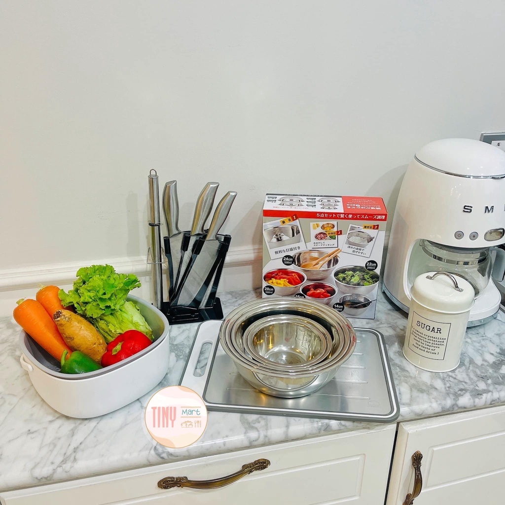 SET 5 CHẬU INOX CÓ VẠCH CHIA NƯỚC SIÊU TIỆN ÍCH