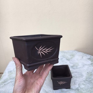 Chậu bonsai Vuông mini đất nung cặp 2 màu đen gốm Bát tràng 1 size BM-134