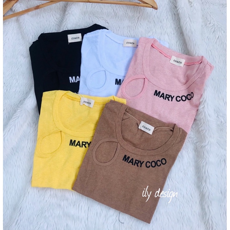 Áo Thun Giấy Ngắn Tay Khoét Giọt Lệ Phối Chữ MARY COCO - AN16
